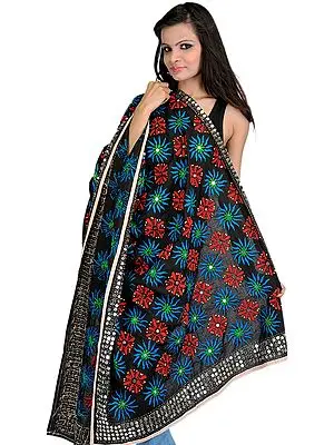 Black Phulkari Dupatta from Punjab with Embroidery and Sequins
