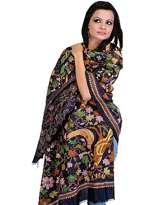 Navy-Blue Dupatta with Kantha Stitched Embroidered Birds and Flowers
