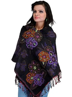 Navy-Blue and Red Reversible Stole with Woven Checks and Embroidered Flowers