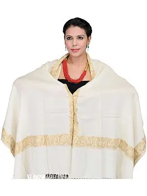 Ivory Plain Stole Amritsar with Embroidered Paisleys and Sequins on Border