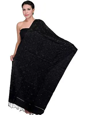 Black Stole from Amritsar with Aari Embroidered Flowers and Beads