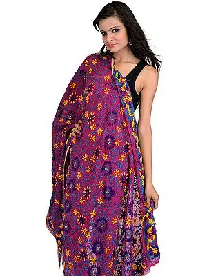Clover-Purple Phulkari Dupatta from Punjab with Aari Embroidered Flowers