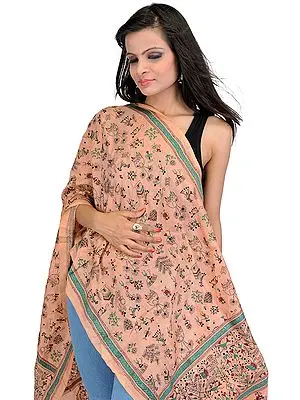 Peach Kantha Stitched Scarf with Hand-Embroidered Warli Fgures