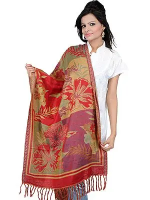 Scarlet and Beige Jamawar Stole with Woven Flowers