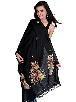 Black Stole from Kashmir with Hand Embroidered Flowers