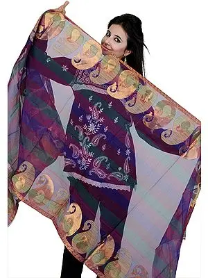 Multi-Color Rainbow Dupatta with Woven Paisleys in Golden Thread
