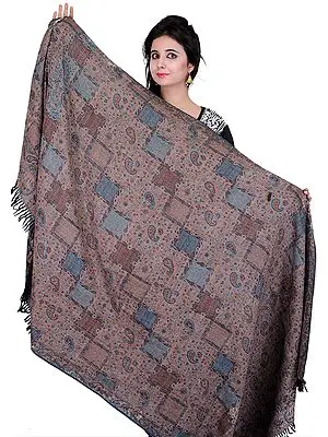 Black and Turquoise Reversible Jamawar Shawl with Woven Paisleys and Flowers