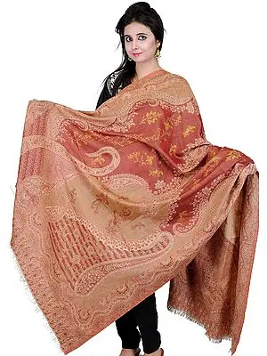 Tawny-Brown Jamawar Shawl with Woven Paisleys and Needle Embroidery