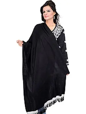 Plain Handmade Pashmina Stole from Nepal with Beaded Tassels