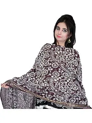 Plum-Wine Phulkari Dupatta from Punjab with Aari Embroidered Flowers