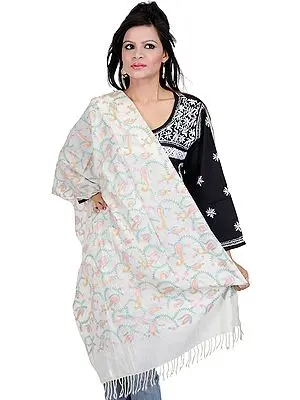 Ivory Stole from Amritsar with Aari Embroidered Paisleys