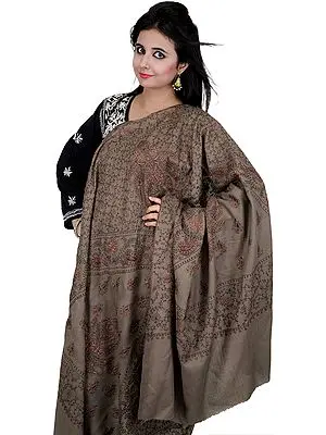 Major-Brown Sozni Tusha Shawl from Kashmir Hand Embroidered Maple Leaves