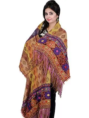Beige and Lime Reversible Jamawar Stole with Floral Embroidery