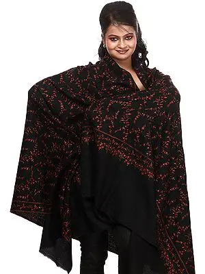 Black Pashmina Shawl from Kashmir with Sozni Hand Embroidered Flowers