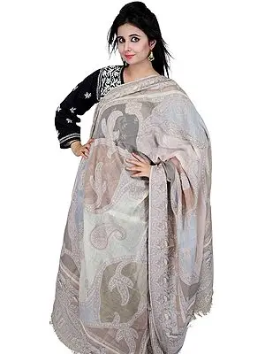 Gray and Peach Jamawar Reversible Shawl with Large Woven Paisleys
