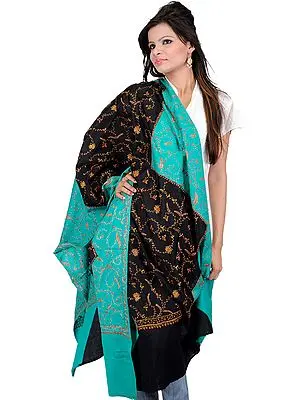Golf-Green and Black Shawl from Kashmir with Needle Embroidery by Hand