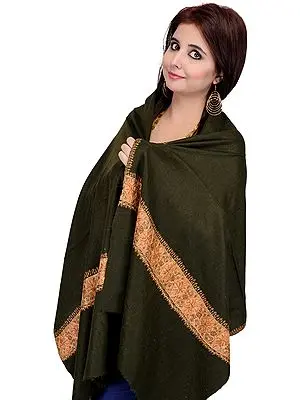 Cypress-Green Tusha Stole from Kashmir with Sozni Embroidered Border