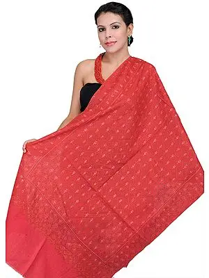 Molten Lava-Red Kashmiri Tusha Stole with Jafreen Jaal Embroidery by Hand