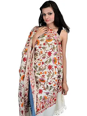 Ivory Stole from Amritsar with Aari Embroidered Flowers