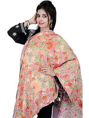 Cradle-Pink Stole from Kashmir with Aari Embroidered Flowers
