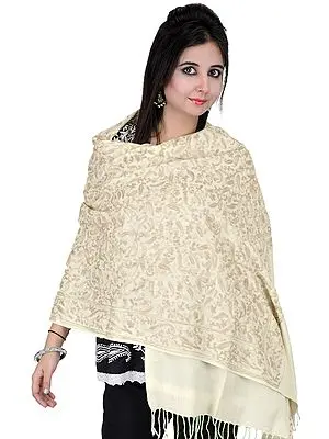 Ivory Stole from Amritsar with Aari Embroidered Paisleys