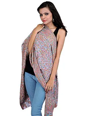 Wisteria-Blue Kani Stole with Woven Paisleys and Flowers in Multi-Color Thread
