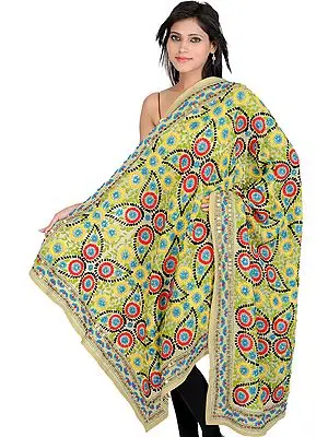 Beige Phulkari Dupatta from Punjab with Sequins and Multi-Colored Embroidery