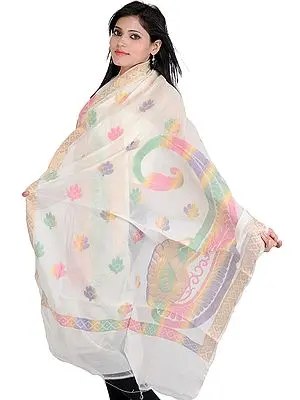 Ivory and Rainbow Chanderi Dupatta with Golden Thread Weave
