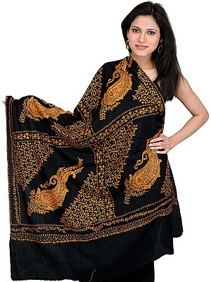 Black Tusha Shawl with Sozni Embroidered Giant Paisleys