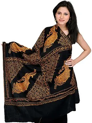 Black Tusha Shawl with Sozni Embroidered Giant Paisleys