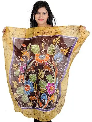 Yellow and Brown Batik Dyed Scarf with Multi-Colored Floral Print