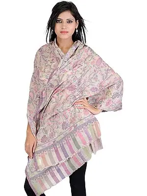 Fine Wool Beige Kani Stole with Woven Flowers in Multi-Colored Thread