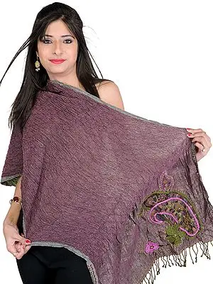Deep-Mahogany Wool-Lycra Scarf with Embroidered Paisleys