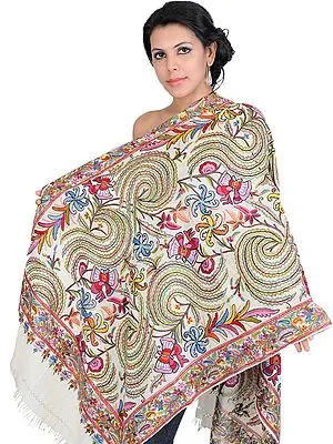 Ivory Stole from Kashmir with Hand Embroidered Flowers and Butterflies