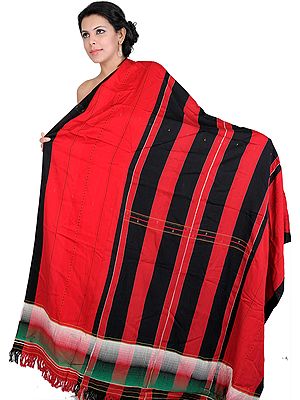 Red and Black Hand-woven Folk Shawl from Nagaland