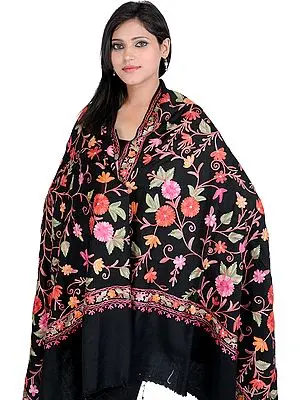 Black Aari Shawl from Kashmir with Aari Embroidered Flowers All-Over