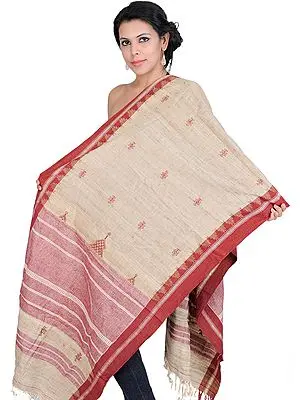 Beige and Rust Hand-woven Kotpad Stole from Orissa