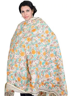 Beige Kantha Shawl with Floral Embroidery by Hand All Over