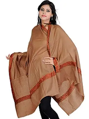 Plain Tusha Shawl with Intricate Kashmiri Sozni Embroidery by Hand on Borders