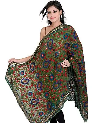 Juniper-Green Phulkari Dupatta from Punjab with Sequins and Multi-Colored Embroidery