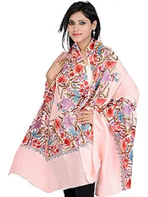 Plain Aari Shawl from Kashmir with Aari Embroidered Flowers on Border