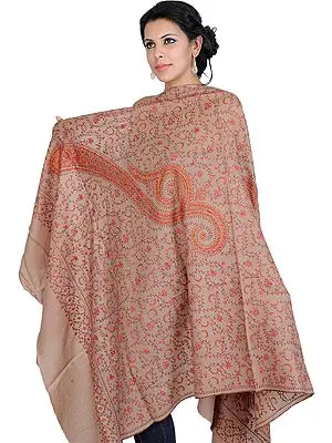 Coriander-Khaki Tusha Shawl with Sozni Embroidered Giant Paisley