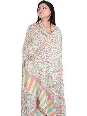 Ivory Fine Wool Kani Shawl with Woven Flowers in Multi-Colored Thread