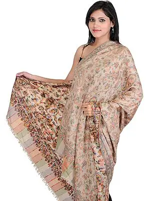 Khaki Kani Shawl with All-Over Woven Flowers in Multi-Color Thread
