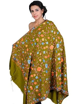 Plantation-Olive Aari Shawl from Kashmir with Aari Embroidered Flowers All-Over