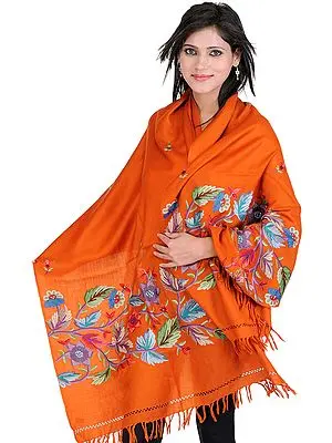 Stole from Kashmir with Hand Embroidered Flowers and Leaves