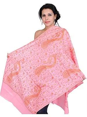 Lantana-Pink Kashmiri Tusha Stole with Sozni Hand Embroidered Paisleys