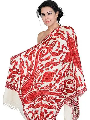 Ivory Aari Stole from Kashmir with Hand Embroidered Giant Paisleys