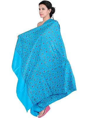 Caribbean-Sea Kashmiri Tusha Shawl with Needle Stitch Embroidery