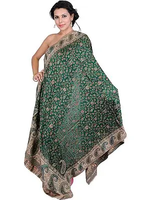 Pineneedle-Green Kani Shawl with Woven Flowers in Multi-Colored Thread